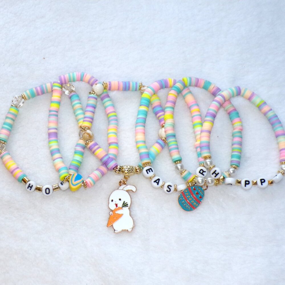 Easter Stretch Bracelet 6PC Set Rabbit Egg Charms - Picture 3 of 4